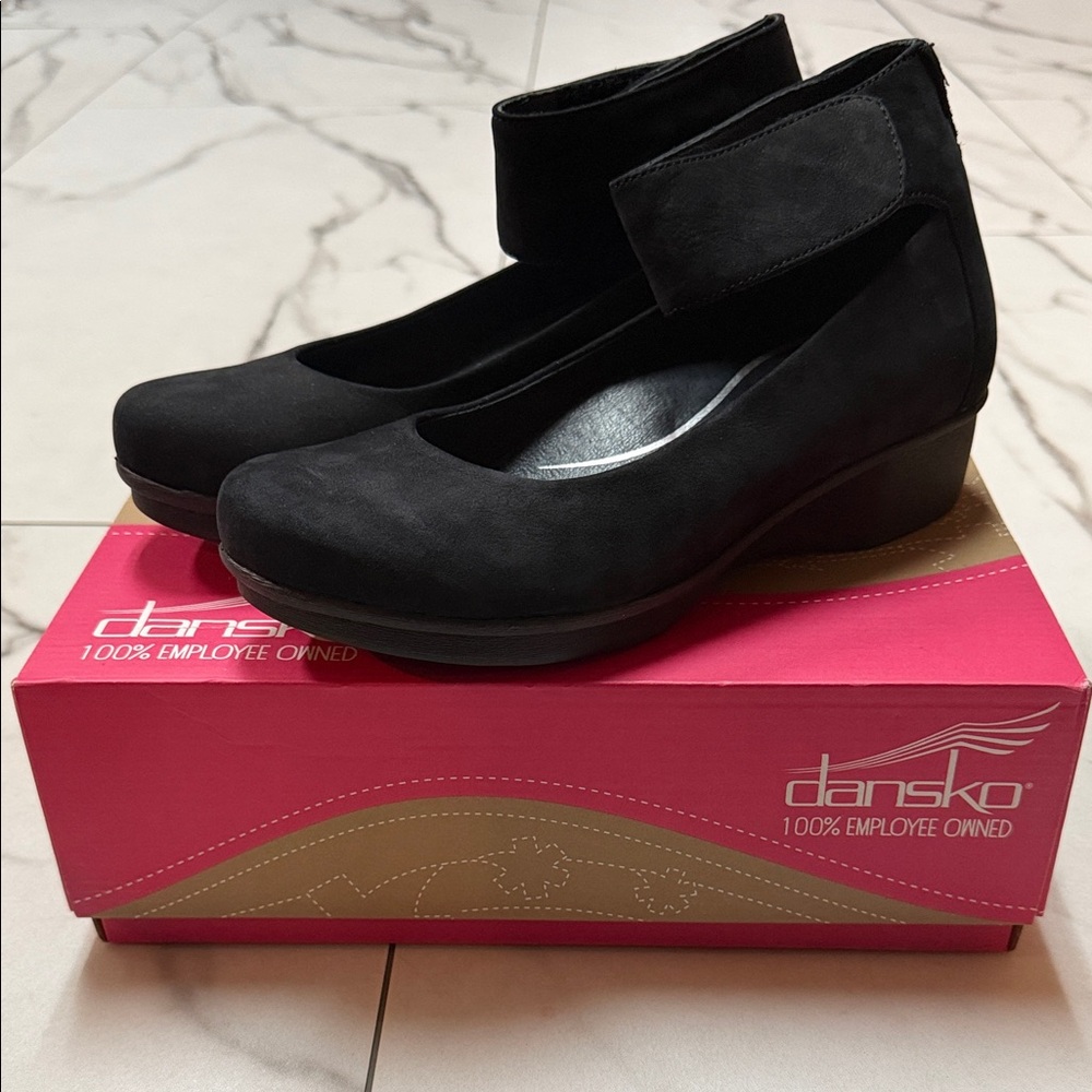 Dansko Black Mary Jane Ankle Strap Wedge Heels